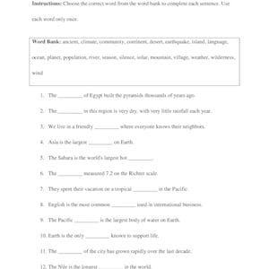 May include: A white paper with the title "Exercise 1: The World Around Us" and instructions to complete sentences using a word bank. The word bank includes terms like "climate," "desert," and "earthquake."
