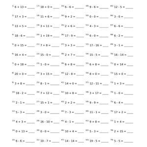 Może przedstawiać: Biała karta pracy zatytułowana "Worksheet 1" z zadaniami matematycznymi. Karta pracy zawiera zadania z dodawania i odejmowania, z miejscem na imię, datę i wynik ucznia. Wynik jest na 80.