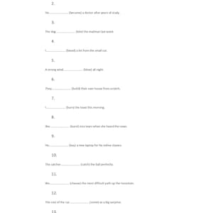Peut inclure: Une feuille de papier blanche avec des phrases numérotées à compléter. Les phrases abordent divers sujets, comme devenir médecin, un chien mordant un facteur et construire une maison. Le texte est en noir.