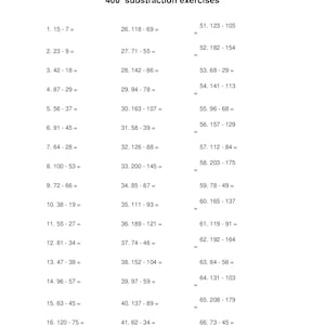 Può includere: Un foglio di carta bianco con il titolo "400 esercizi di sottrazione" in alto. La pagina contiene 67 problemi di sottrazione, ciascuno con due numeri e un segno di uguale, per esercitarsi.