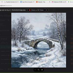 Könnte beinhalten: Eine Illustration zeigt eine alte Steinbrücke mit einem einzigen Bogen über einem vereisten Fluss in einer Winterlandschaft. Schnee bedeckt den Boden und die Bäume, wodurch eine ruhige, kalte Atmosphäre entsteht.