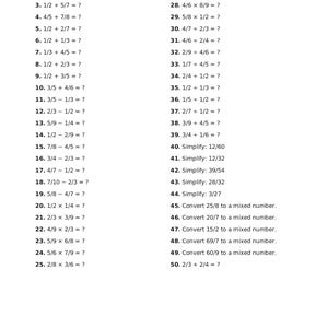 Può includere: Un foglio di carta bianco con il titolo "500 MATHS PROBLEMS" in alto. La pagina contiene un elenco di 50 problemi di matematica, tra cui frazioni, addizioni, sottrazioni e semplificazioni, numerati da 1 a 50.