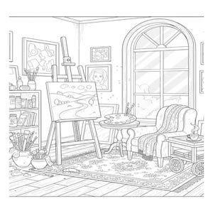 May include: An illustration of a painter's studio, featuring an easel with a landscape painting, a round table with a palette and brushes, and an armchair. The room includes framed artwork, a bookshelf, and a large window. The floor has a patterned rug.