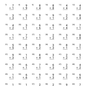 May include: A white worksheet with 60 division problems, each with two numbers and a division symbol. The problems are arranged in a grid, with numbers from 1 to 9 divided by other numbers. The worksheet is designed for educational purposes.