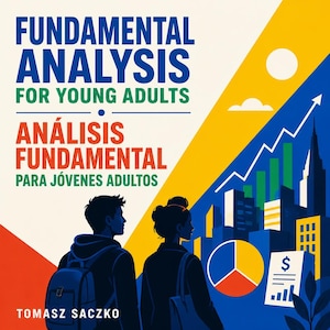 May include: A book cover with the title "FUNDAMENTAL ANALYSIS FOR YOUNG ADULTS" in blue and green. Below, the title is repeated in Spanish. The image features two silhouettes and a cityscape with financial charts.