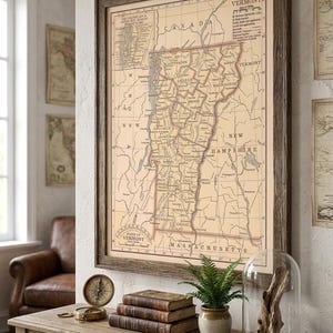 Vintage Vermont State Map Print, Historic VT Cartography Poster, Antique Lake Champlain Wall Art, Green Mountains Decor