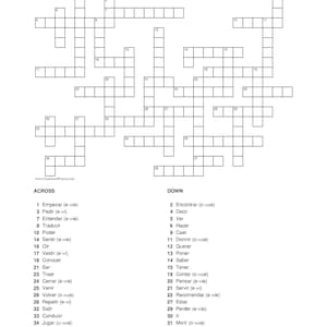 Puede incluir: Un crucigrama en español titulado "Presente de Indicativo". La cuadrícula blanca tiene líneas negras y pistas numeradas para las respuestas horizontales y verticales. Las pistas y respuestas están en español.