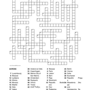 Op de afbeelding: Een kruiswoordpuzzel getiteld "Europese landen" met een raster van witte vakjes. De puzzel bevat aanwijzingen en antwoorden met betrekking tot Europese steden en landen. Het websiteadres "www.CrosswordWeaver.com" is zichtbaar.