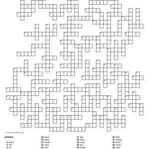 Puede incluir: Un crucigrama en blanco y negro titulado "Irregular verbs Past Simple forms". El rompecabezas incluye pistas y respuestas numeradas, con palabras como "prove", "flee" y "dare".