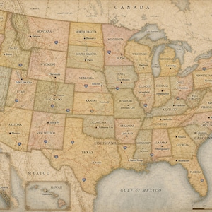 May include: A vintage-style map of the United States featuring muted earth tones, state boundaries, major cities, and interstate highways. The map includes insets for Alaska and Hawaii, a legend in the bottom right corner, and a compass rose.