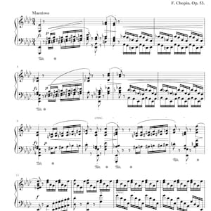 May include: Sheet music for Chopin's Polonaise, Op. 53, featuring musical notation on a white background. The title "POLONAISE" is displayed prominently. Includes musical terms like "Maestoso" and "cresc."