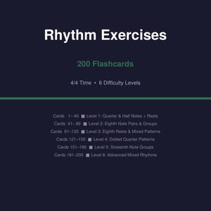 Może przedstawiać: Ciemnoniebieska grafika z białym tytułem "Rhythm Exercises". Obraz zawiera 200 fiszek z 6 poziomami trudności. Poziomy kart obejmują ćwierćnuty, ósemki i grupy szesnastek.