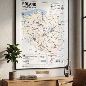 May include: A framed wall map titled POLAND RAILWAY MAP JUNE 2024, featuring a detailed network of colored railway lines across Poland, with a legend, compass rose, and statistical data boxes. The map is displayed in a thin black frame.
