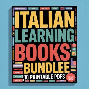 Może przedstawiać: Czarny prostokątny grafika z napisem "ITALIAN LEARNING BOOKS BUNDLE" w kolorze żółtym, zielonym i czerwonym. Widoczny jest również tekst "10 PDF DO DRUKU". Tło jest jasnoniebieskie.