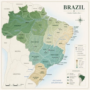 Detailed Physical & Political Map of Brazil | South American Geography Print | Educational Wall Art | Brazilian Cartography Decor