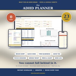 Może przedstawiać: Cyfrowy planer do Excel i Google Sheets o nazwie The ADHD Planner, zawierający pulpit nawigacyjny z wykresami, tabelami i 23 zakładkami. Interfejs zawiera sekcje dotyczące brain dump, quick wins, time blindness, ADHD tax i focus sessions.