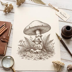 Forest Girl Reading Under Mushroom - Printable Wall Art - Vintage Style Illustration, Cozy Fairytale Decor, Cottagecore - Digital Download