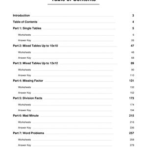 May include: A white page with the title "Table of Contents" in black text. The content lists sections such as "Single Tables," "Mixed Tables," and "Word Problems," with corresponding page numbers. The layout is clean and organized.