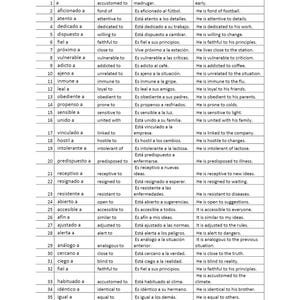 Peut inclure: Tableau de mots espagnols et leurs traductions anglaises. Chaque ligne présente un adjectif espagnol, son équivalent anglais, une phrase en espagnol et sa traduction anglaise. Le tableau est organisé en grille.