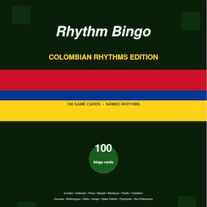 May include: Rhythm Bingo game, Colombian Rhythms Edition, featuring 100 game cards. The design includes the colors of the Colombian flag: red, blue, and yellow. The game's title is in white, with a dark green background.