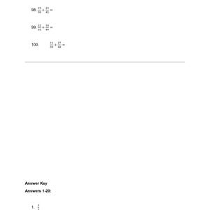 Puede incluir: Una página blanca con problemas matemáticos y respuestas. La parte superior muestra problemas de suma de fracciones, incluyendo 17/20 + 21/25, 19/30 + 23/45, 22/35 + 18/49 y 31/50 + 27/40. La sección inferior proporciona las respuestas a las preguntas 1-20.