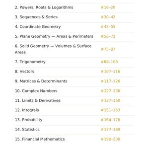 Può includere: Una pagina bianca con un sommario per un libro di testo di matematica. Il titolo "Contents" è in alto. L'elenco include argomenti come Algebra, Geometria, Trigonometria e Statistica, con intervalli di numeri di pagina.