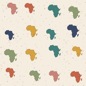 Pode incluir: Um padrão repetitivo apresentando a silhueta do continente africano em várias cores suaves, incluindo terracota, verde sálvia, amarelo mostarda e azul marinho, sobre um fundo creme claro com pequenos pontos e círculos espalhados.