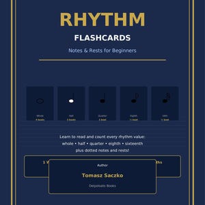 May include: A navy blue flashcard for beginners, featuring musical notes and rests. The card displays whole, half, quarter, eighth, and sixteenth notes with their beat values. Text reads "Rhythm Flashcards" and "Notes & Rests for Beginners."