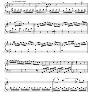 May include: Musical score for Sonata No. 16 in C Major K545 by Wolfgang Amadeus Mozart. The sheet music is printed in black ink on white paper. The title and composer's name are at the top. The first movement is marked "Allegro".