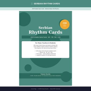 May include: A teal and white graphic for Serbian Rhythm Cards. The title is in large white letters, with the text "200 Printable Game Cards" below. A yellow circle in the upper right corner has the number "200".