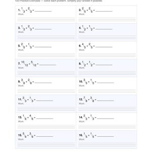 Könnte beinhalten: Ein weißes Arbeitsblatt mit Matheaufgaben zum Addieren von Brüchen. Der Titel "Adding Fractions" steht oben, mit Anweisungen und 16 Übungsaufgaben. Jede Aufgabe hat Platz, um die Arbeit zu zeigen und die Antwort zu vereinfachen.