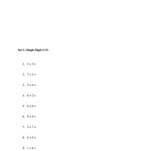 May include: A white page with black text. The text reads "Set 1: Single-Digit (1-9)" followed by ten single-digit addition problems. Each problem is formatted with two numbers and an equals sign, ready for answers.