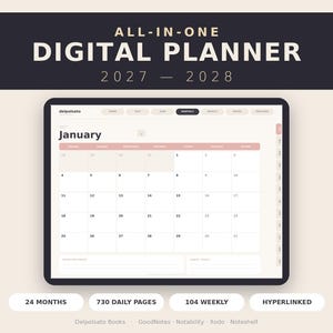 May include: An all-in-one digital planner for 2027-2028 displayed on a tablet screen. The interface shows a January calendar view with navigation tabs, 24 months, 730 daily pages, 104 weekly pages, and hyperlinked sections for apps like GoodNotes.