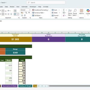 May include: A screenshot of a spreadsheet titled "PET CARE DASHBOARD" with data on pet expenses. The spreadsheet includes sections for total expenses, expenses per pet, and expenses by category, with figures in US dollars.