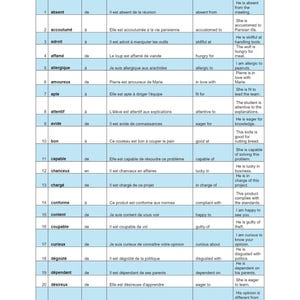 May include: A table of French vocabulary words with English translations. The table includes French adjectives, prepositions, example sentences, and English translations. The words are numbered and organized in rows and columns.