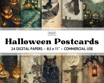Halloween Postcards Digital Papers for Gothic Junk Journals, Moody Scrapbooks & Scary Crafts, Spooky Fall Printable Backgrounds