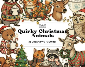Cute Funny Animal Christmas Clipart Quirky Holiday Animal PNG Bundle, Cats Dogs Raccoons Foxes,  Printable Humor Christmas, Digital Download