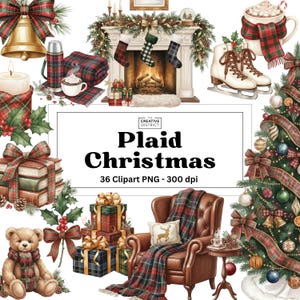 May include: A festive digital illustration with a Christmas theme, showcasing a fireplace, Christmas tree, and other holiday elements. The text "Plaid Christmas" is displayed, along with the description "36 Clipart PNG - 300 dpi". The overall design has a plaid pattern.