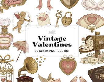 Vintage Valentine’s Clipart – 36 Antique Romantic Illustrations with White Backgrounds – Hearts and Victorian Love Stickers for POD & Crafts