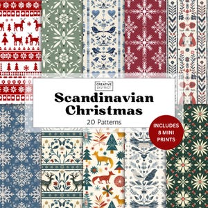 Könnte beinhalten: Eine Sammlung von 20 skandinavischen Weihnachtsmustern in verschiedenen Farben, darunter Rot, Grün und Blau. Die Muster zeigen Schneeflocken, Rentiere und andere festliche Designs. Das Bild enthält den Text "Scandinavian Christmas" und "20 Patterns".