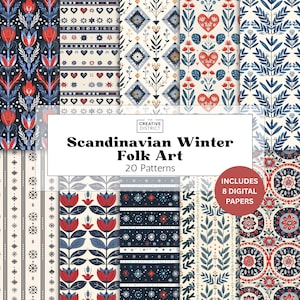 May include: A collection of 20 Scandinavian Winter Folk Art patterns in various designs. The patterns feature floral and geometric motifs in red, blue, and white. The image includes the text "Scandinavian Winter Folk Art" and "Includes 8 Digital Papers."