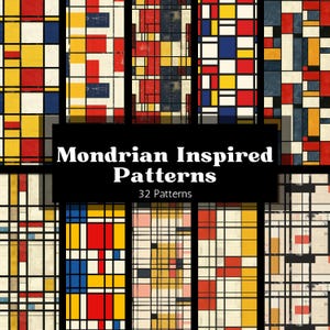 May include: A collection of Mondrian-inspired patterns featuring geometric designs with bold colors like red, yellow, and blue, set against a grid of black lines. The image includes the text "Mondrian Inspired Patterns" and "32 Patterns".