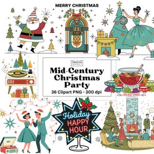 Mid-Century Christmas Party Clipart, 36 Retro 1950s Holiday PNGs, Atomic Christmas Illustrations, Vintage Flat Vector Digital Download