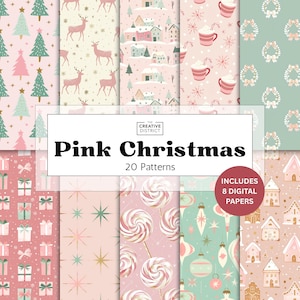 Puede incluir: Una colección de 20 patrones digitales con temática navideña, con diseños en rosa, verde y dorado. Los patrones incluyen árboles de Navidad, ciervos, casas, bastones de caramelo y cajas de regalo. El texto "Pink Christmas" se muestra.