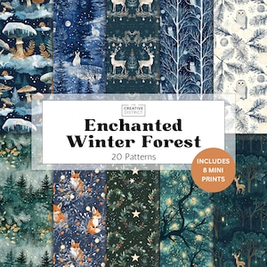 May include: A collection of 20 winter-themed patterns with an "Enchanted Winter Forest" theme. The patterns feature illustrations of woodland creatures, trees, and stars in shades of blue, green, and brown. Includes 8 mini prints.