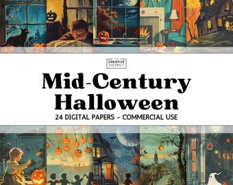 Retro Halloween Digital Paper Mid-Century Printable Spooky Backgrounds for Scrapbooking Crafts and Journaling, Creepy Ghosts Bats & Pumpkins