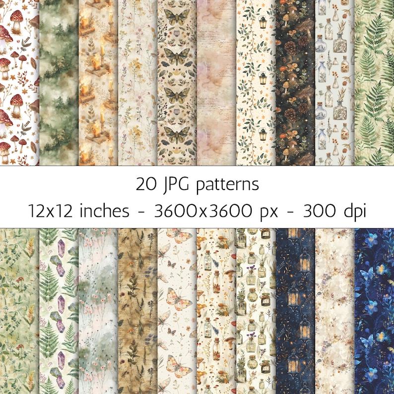 Mystical Cottagecore Floral Digital Paper Vintage Botanical Seamless ...