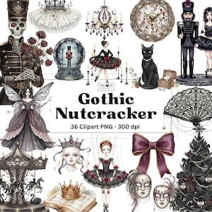 May include: A collection of Gothic Nutcracker-themed clipart in PNG format. The image features a variety of illustrations, including a skeleton soldier, a ballerina, a black cat, a snow globe, a clock, and a carousel. The color palette includes black, red, and purple.