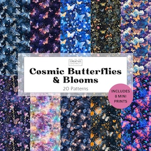 Kosmische Schmetterlinge und Blüten Digitales Papier – Galaxieblumen + Minidrucke – Nachthimmel-Fantasy-Kunst für Journale und kreative Projekte