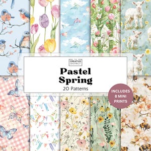 Pastelkleur lente digitale papierbundel zachte bloemenpatronen en miniprints, licht aquarelpapierpakket voor voorjaarsknutsels, tijdschriften, scrapbooking